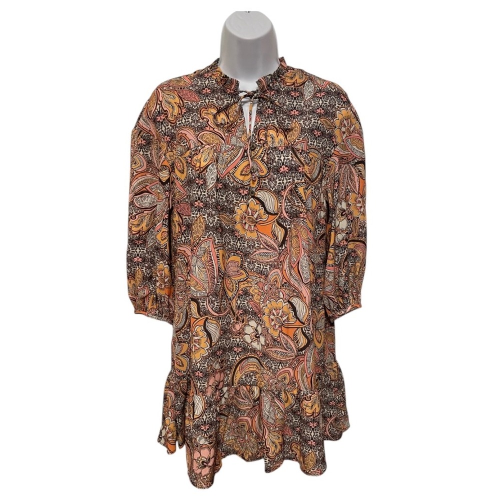 MNG Woman Boho Paisley Print Ruffle‎ Hem Mini Dress Orange Pink XS
